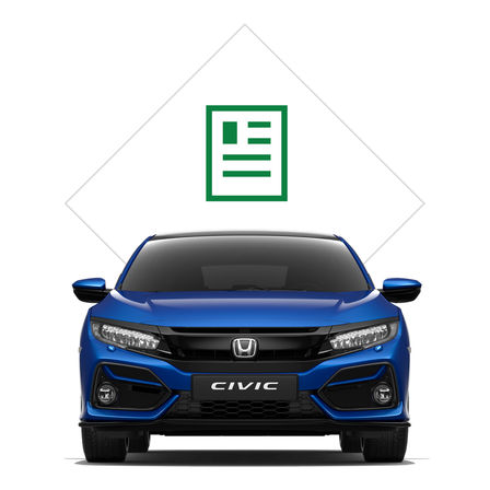 Predný trojštvrťový pohľad na 5-dverovú Hondu Civic s grafikou katalógu.