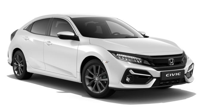 Trojštvrtinový pohľad spredu na model Honda Civic 5D Comfort Sport Line v prevedení Platinum White