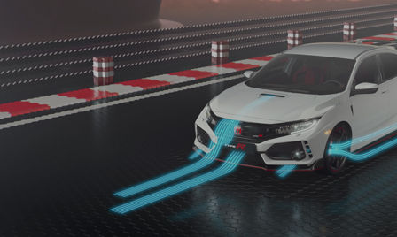 Snímka modelu Honda Civic Type R zobrazuje aerodynamiku a výkon